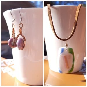 Mauve Glass Wire Earrings & Fused Glass Square Leather Necklace Bundle